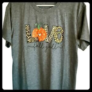 NWOT Love Fall Yall T-Shirt Gray Pumpkin Leopard Print Autumn Tee Top Size L